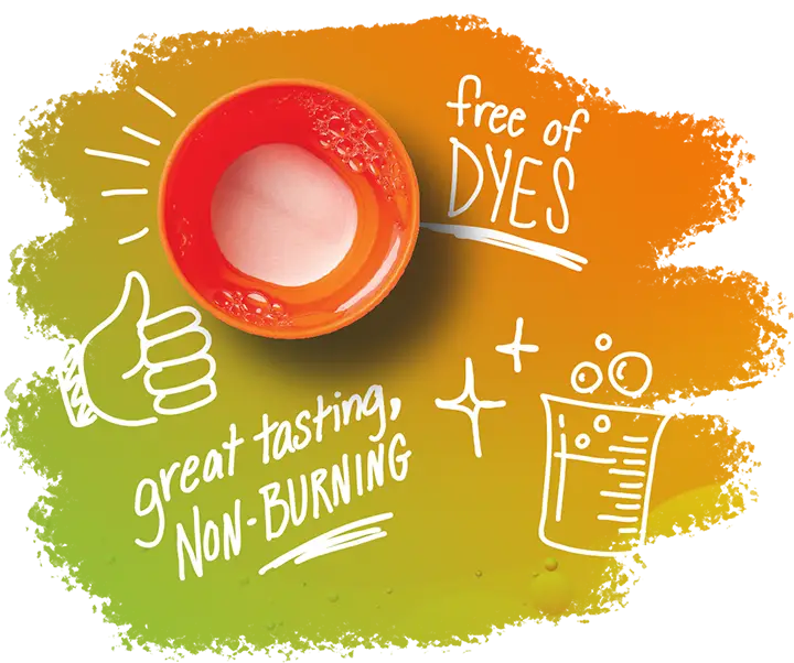 Colorful illustration featuring a TheraBreath&trade; oral rinse cap with text highlighting great tasting, non burning formula that’s free of dyes