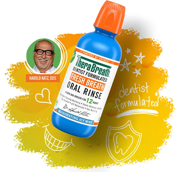 TheraBreath&trade; Fresh Breath oral rinse bottle displayed with dentist formulated graphics and a small inset photo labeled Harold Katz, DDS