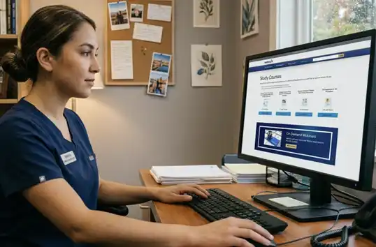 Dental professional in front of laptop